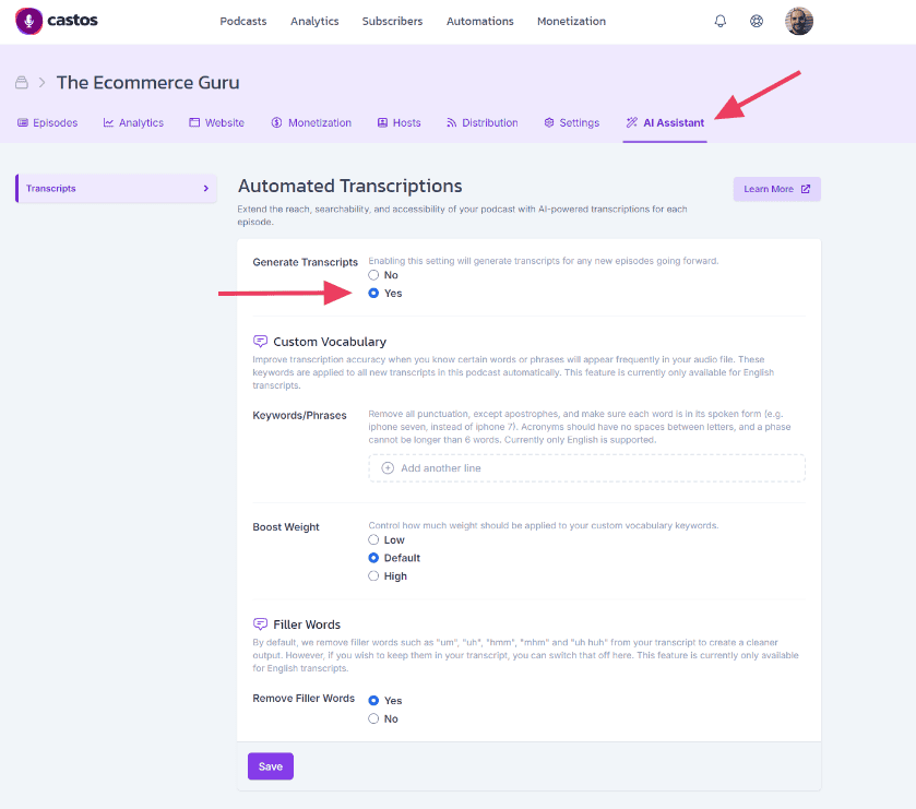 Enable podcast transcriptions in Castos