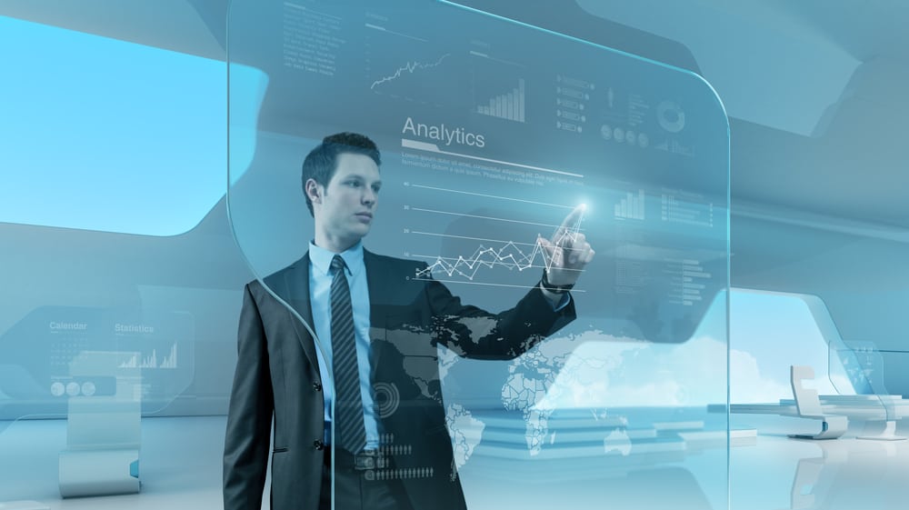 Future technology touchscreen interface. Man touching screen interface in hi-tech interior.