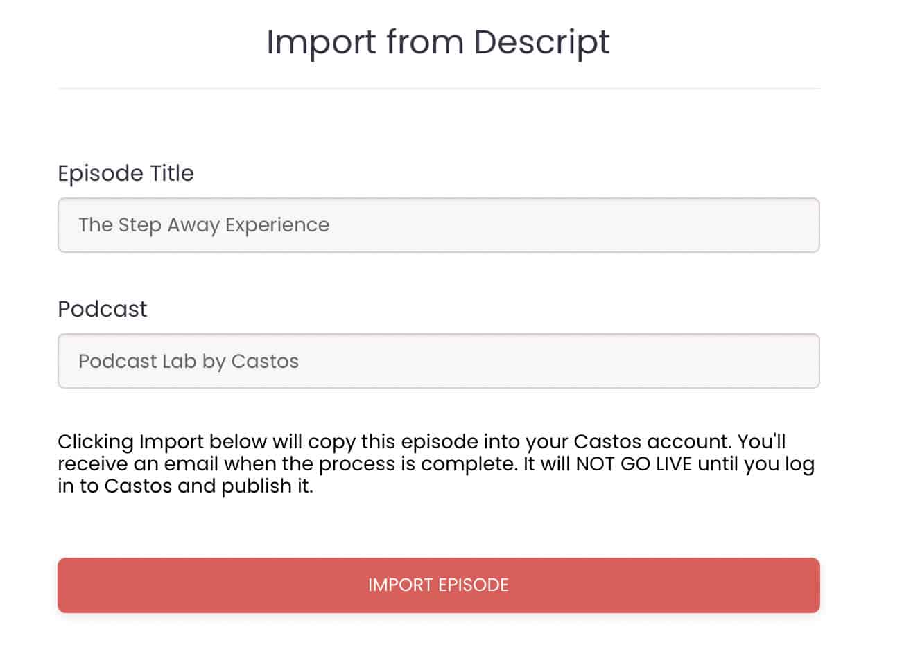 Selecting a Castos podcast from Descript