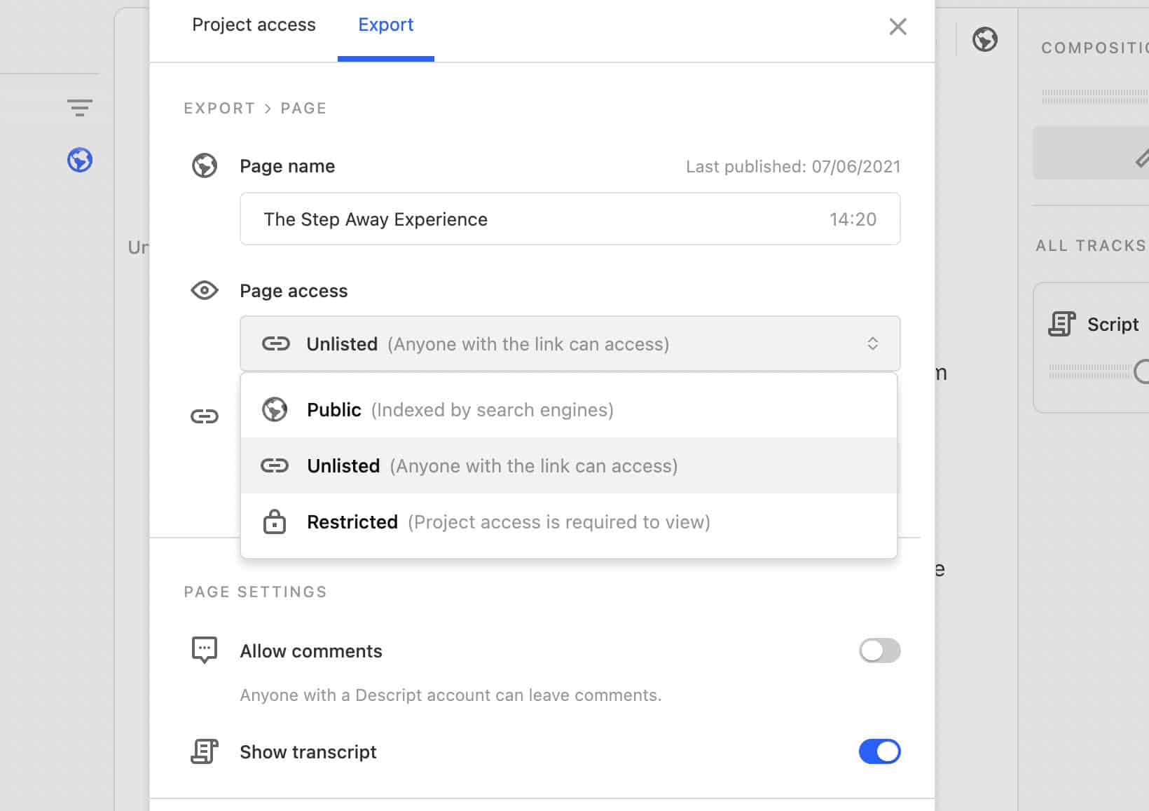 Publishing a Descript page