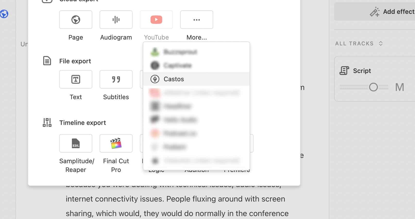 Selecting Castos in the Descript export menu