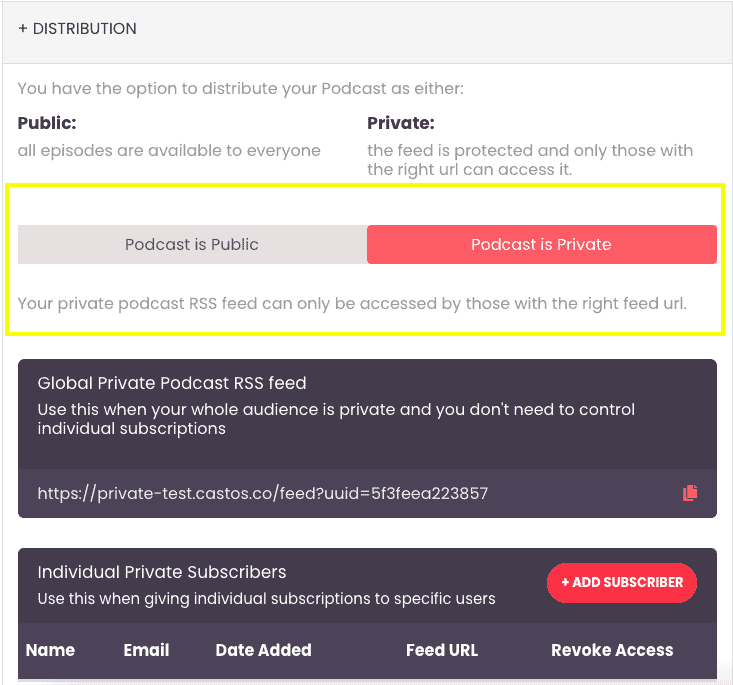 Distributing a podcast for education as public or private in Castos
