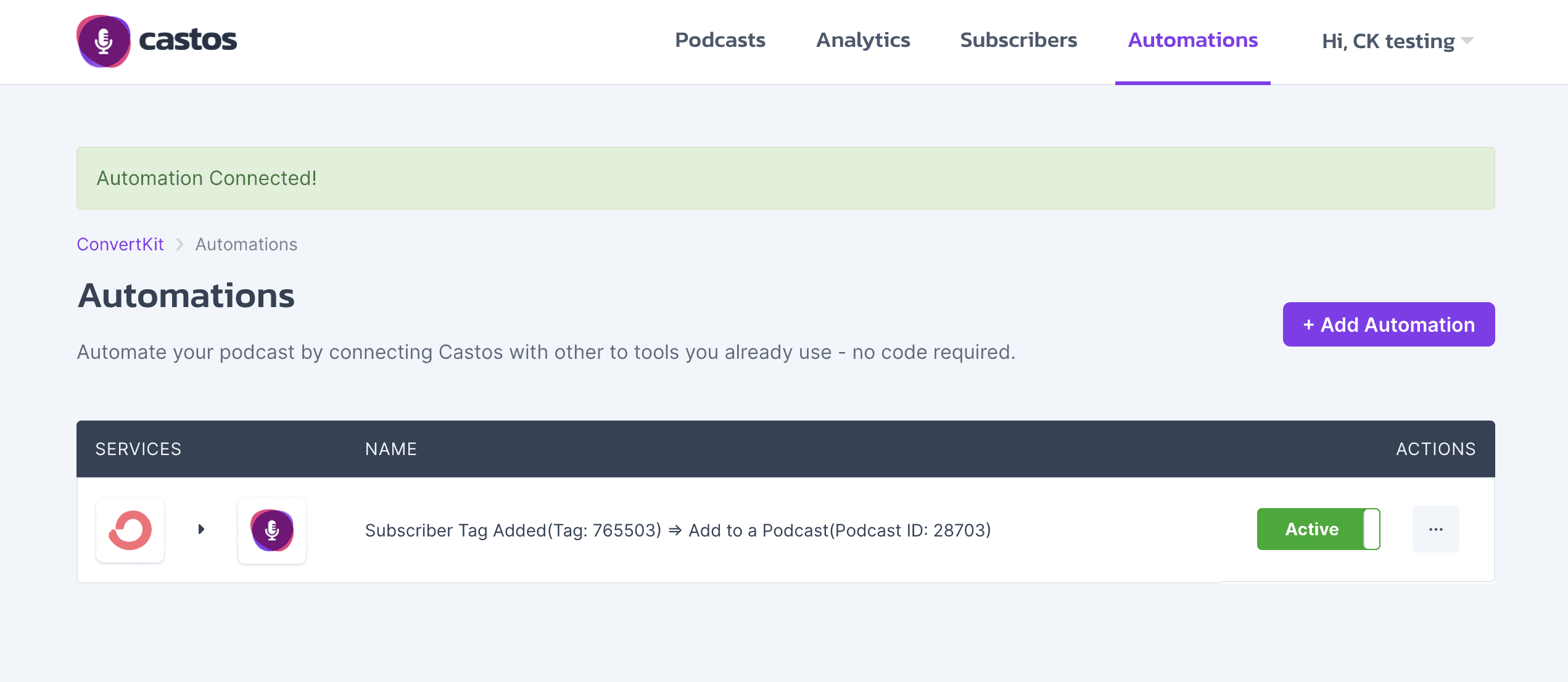 Activating the Kit automation inside Castos