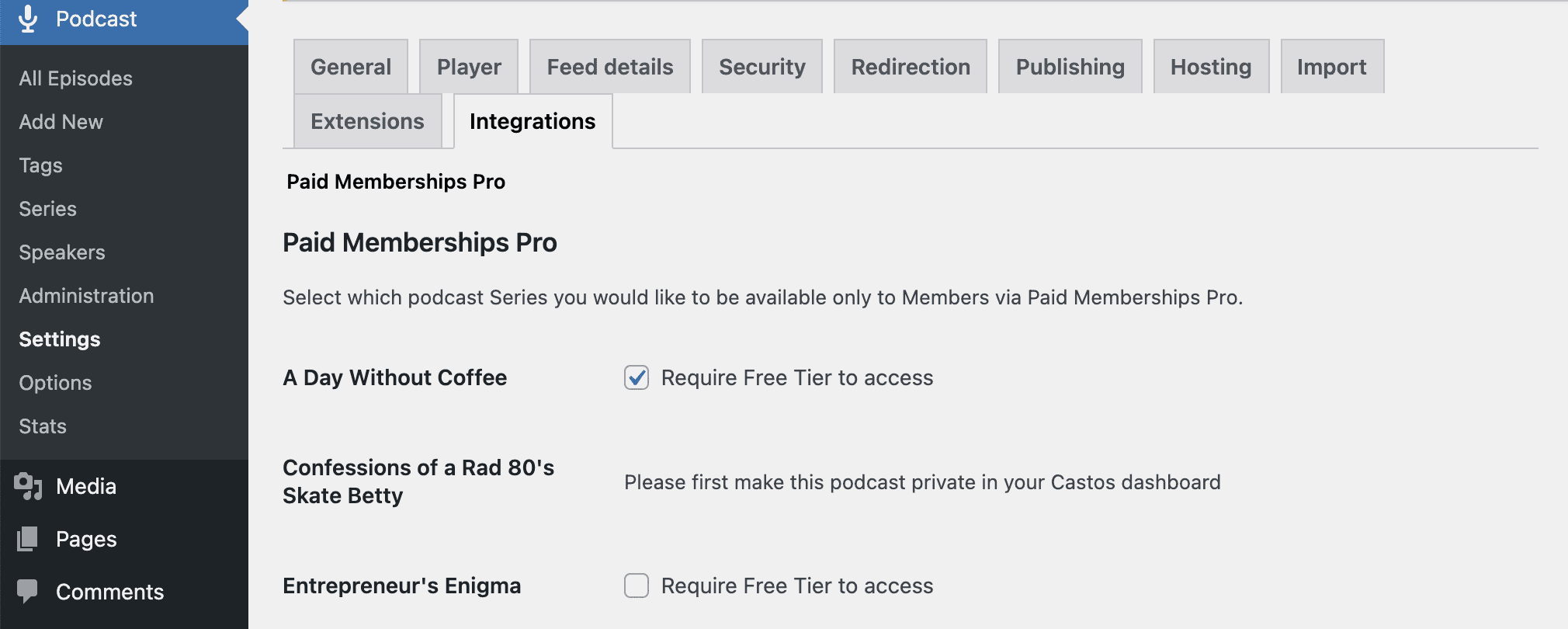 Mapping PMPro membership levels to a podcast