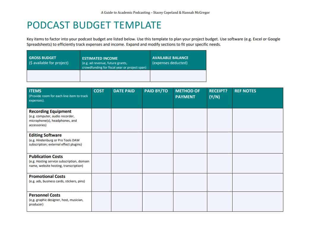 A budget template for your podcast business plan.