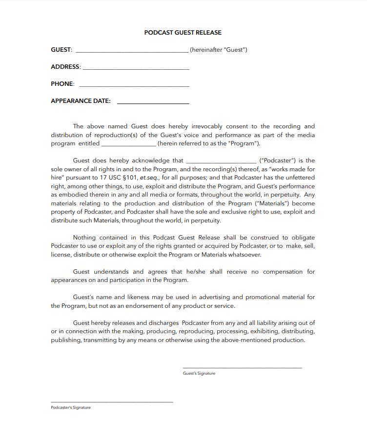 Podcast release form template