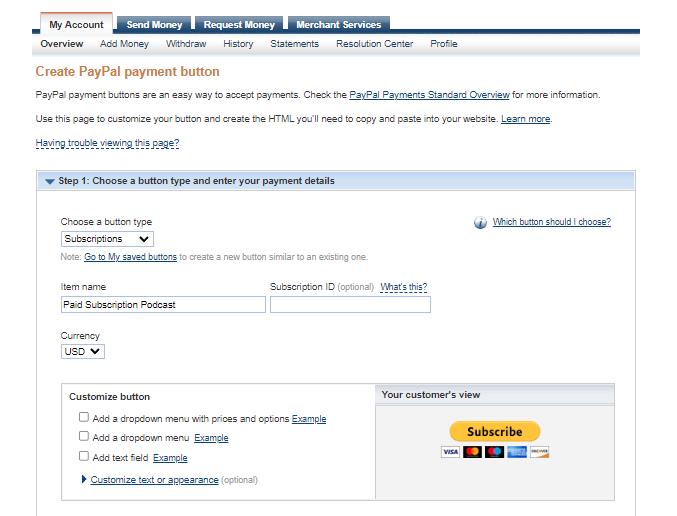 Creating a PayPal subscription in the PayPal dashboard
