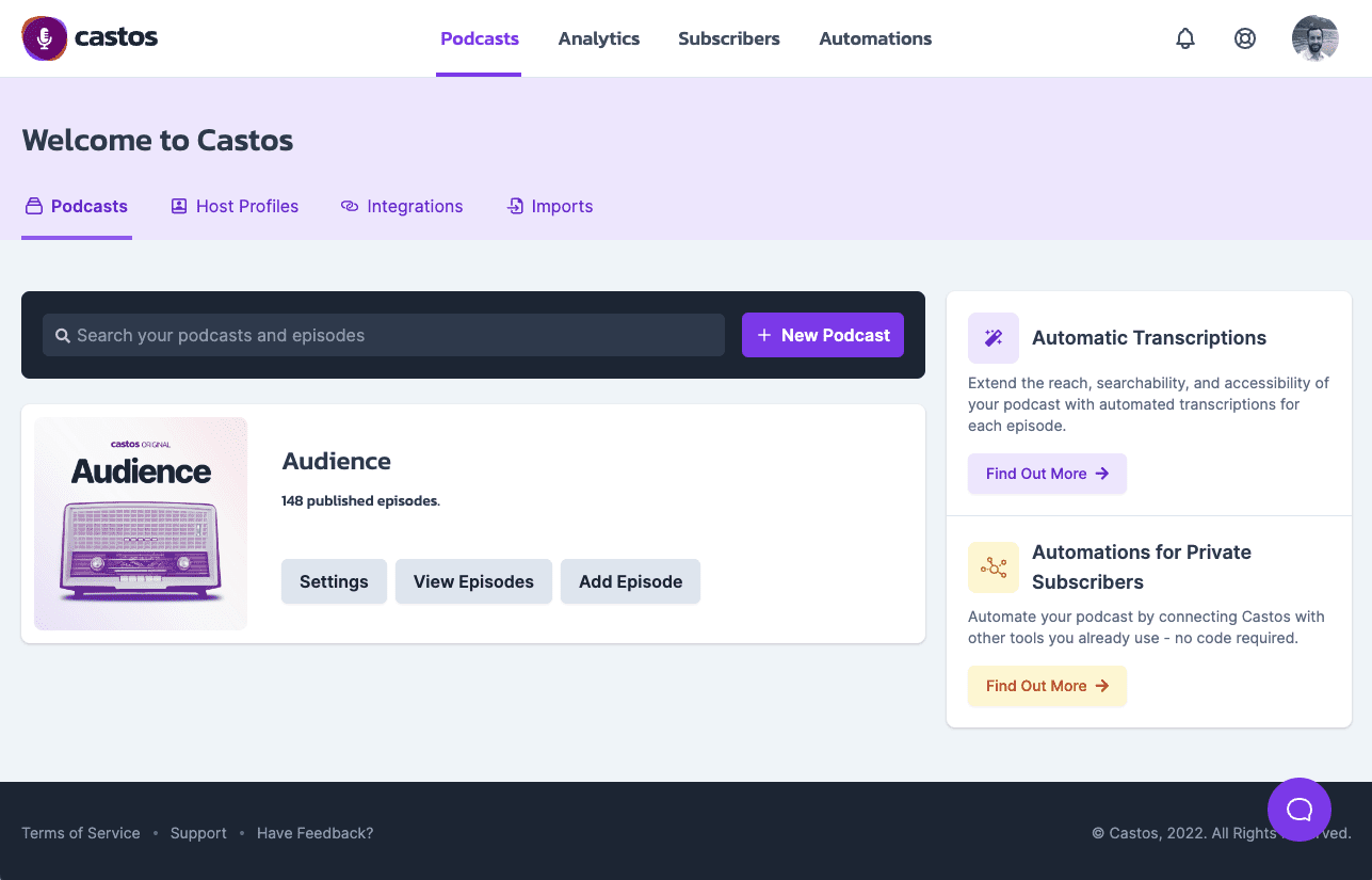 Castos dashboard screenshot