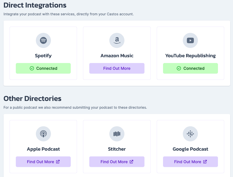 Castos automatically distributes to Apple Podcasts, Spotify, Amazon Music, and dozens more