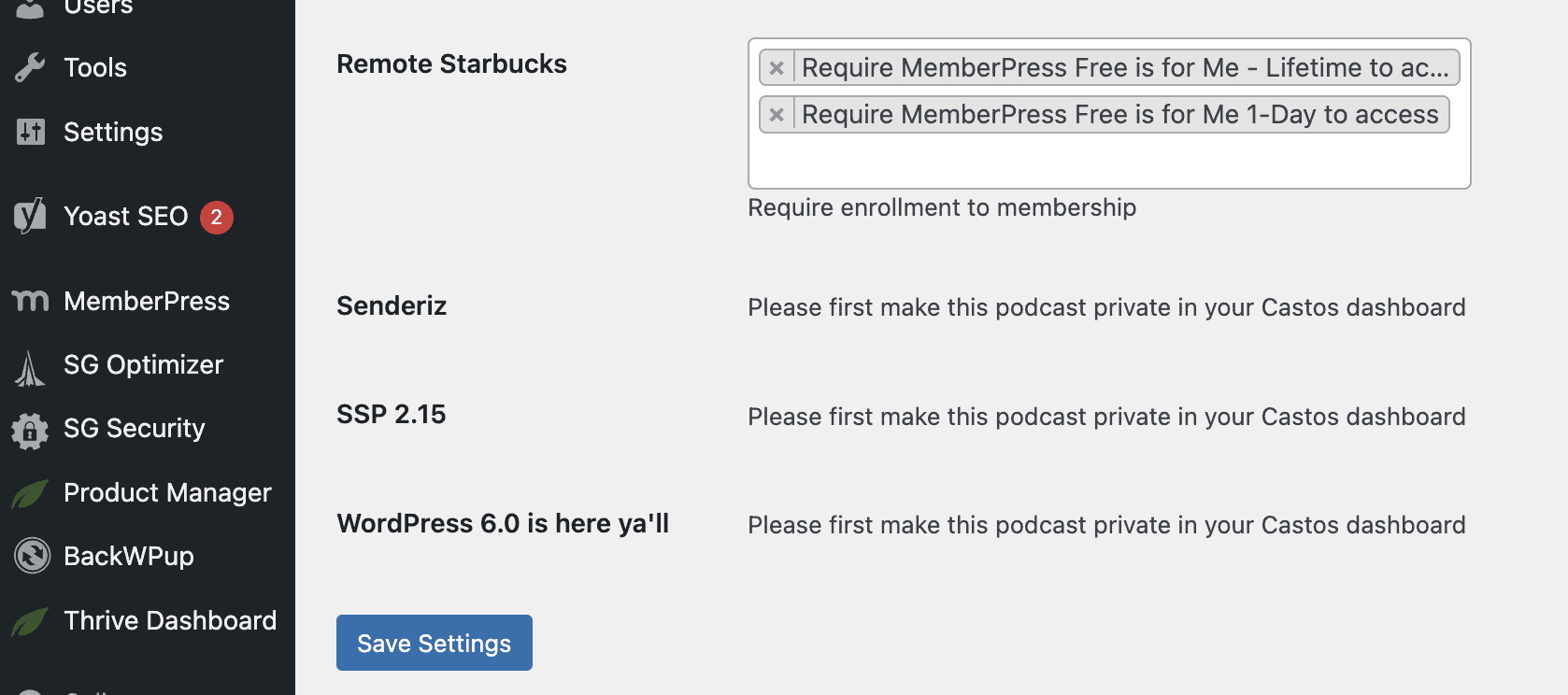 Mapping MemberPress levels to Castos private podcasts