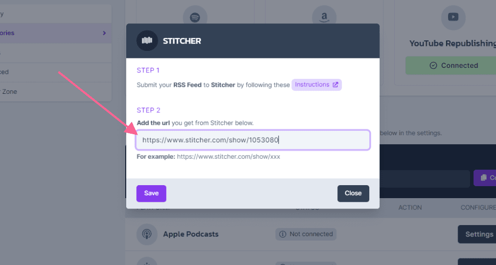 Submit your Stitcher link to Castos