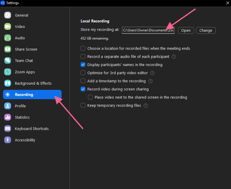 Go to the Recording tab and choose a folder for Zoom to store your recordings