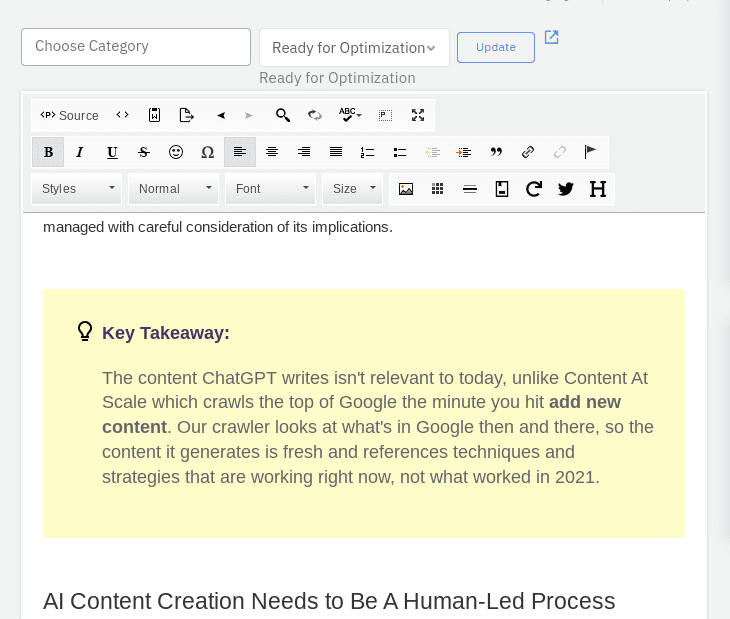 Content At Scale AI automatically adds key takeaway boxes within articles