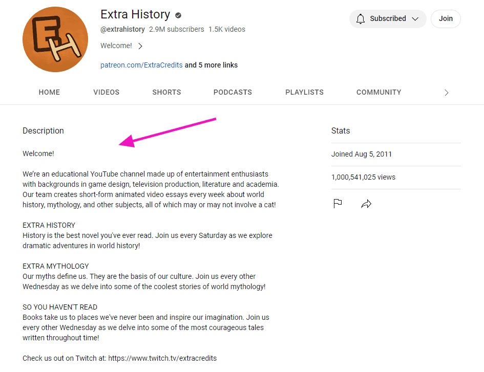 YouTube channel description