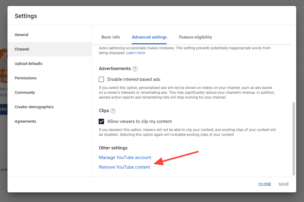 Make a YouTube Channel Private: Click "Remove YouTube Content"