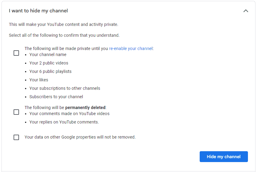 Make a YouTube Channel Private: Select the Appropriate Items