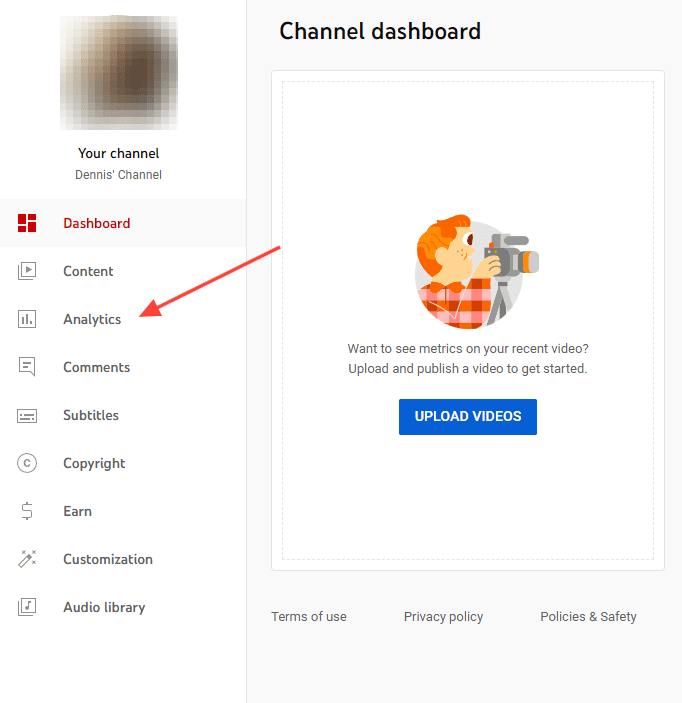 Find YouTube KPIs in the analytics tab