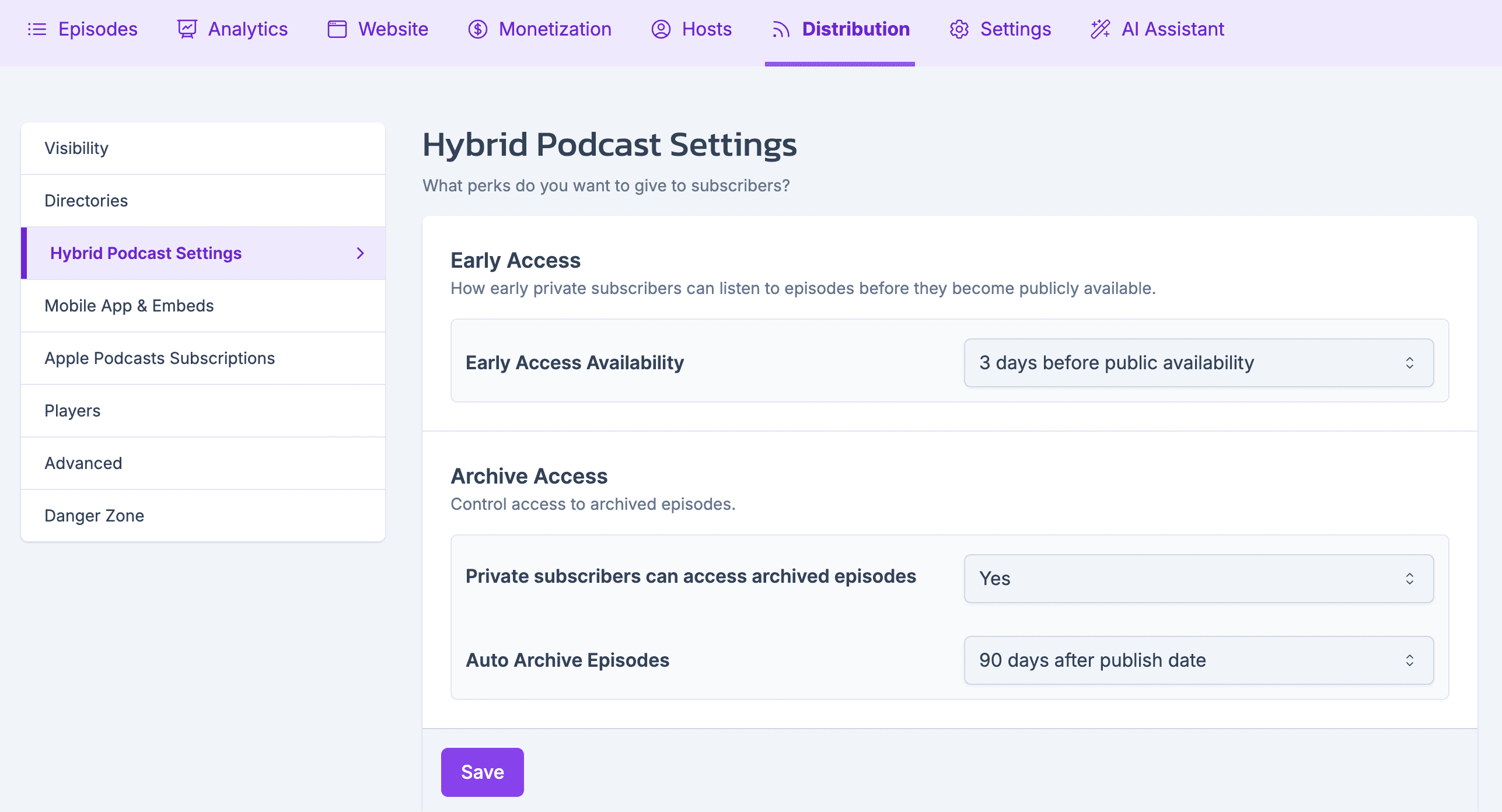 Hybrid podcast settings panel in Castos
