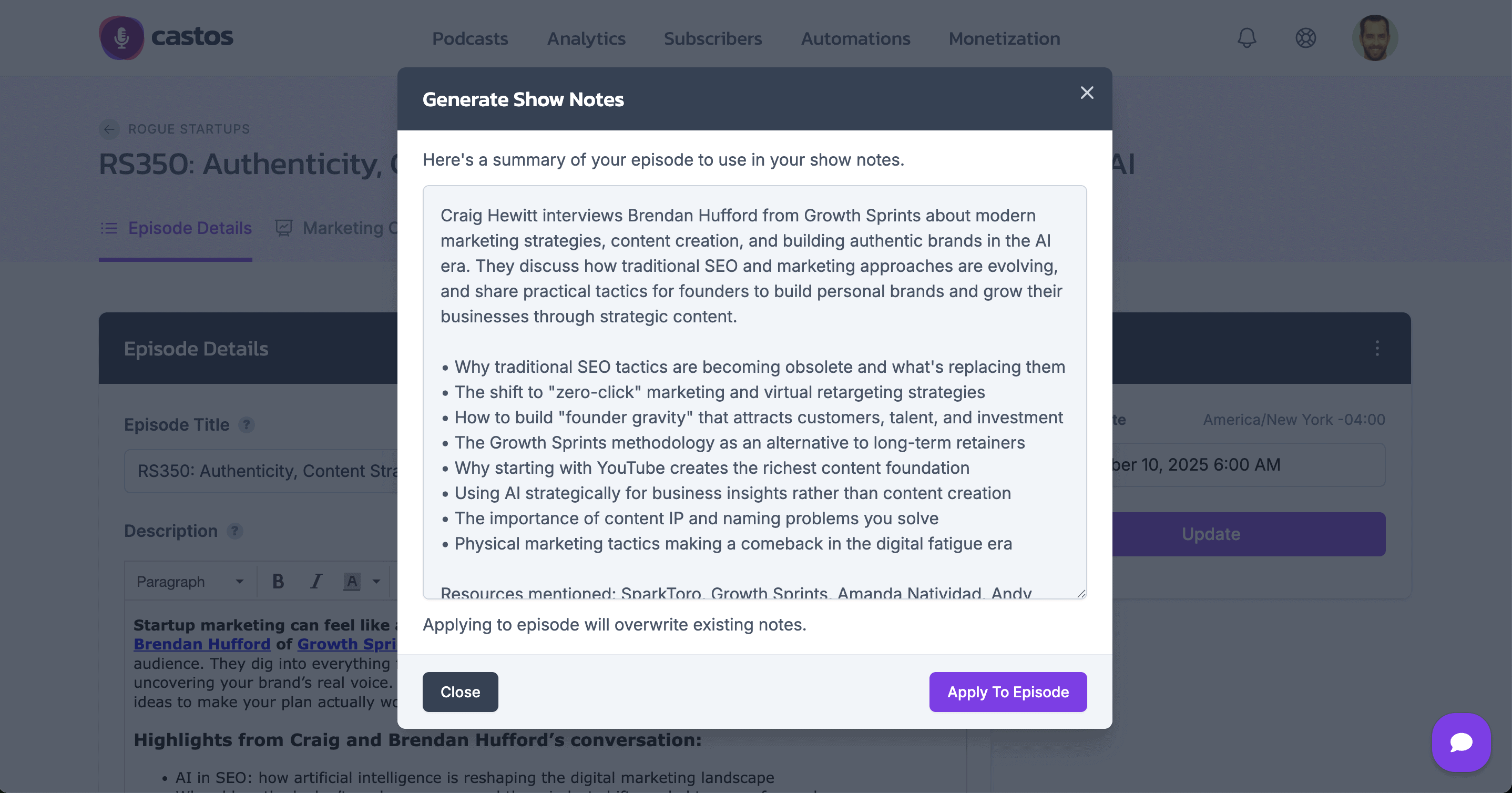 Castos AI Assistant generating show notes