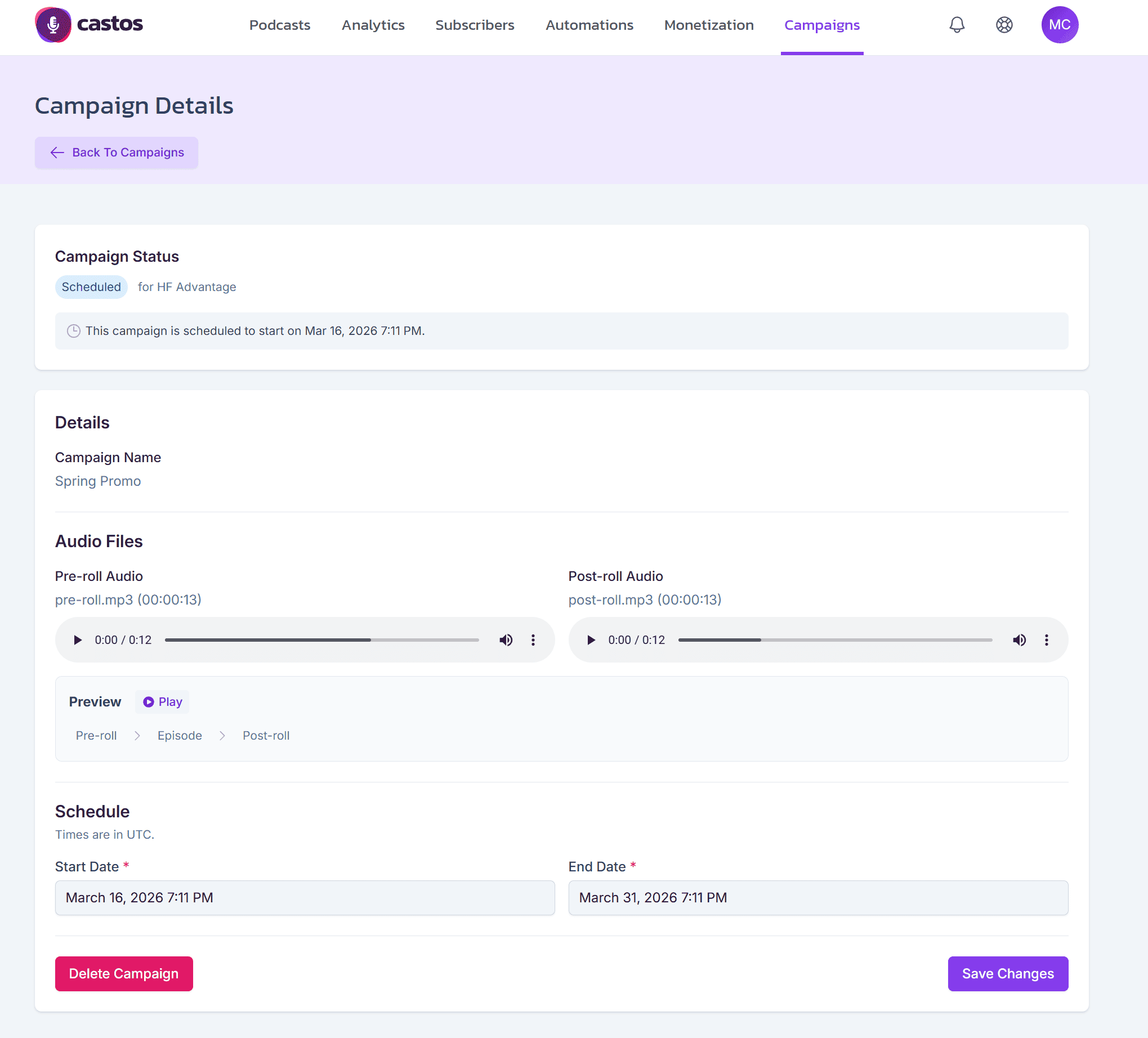 The Castos Campaigns dashboard