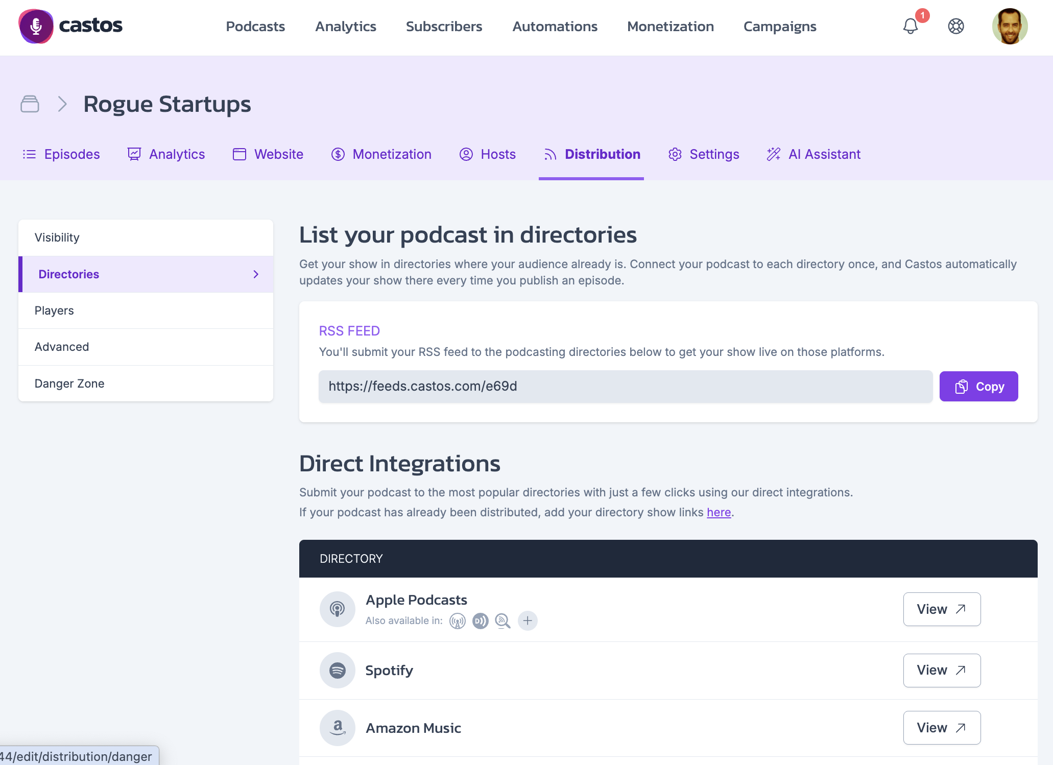 Castos one-click podcast distribution settings