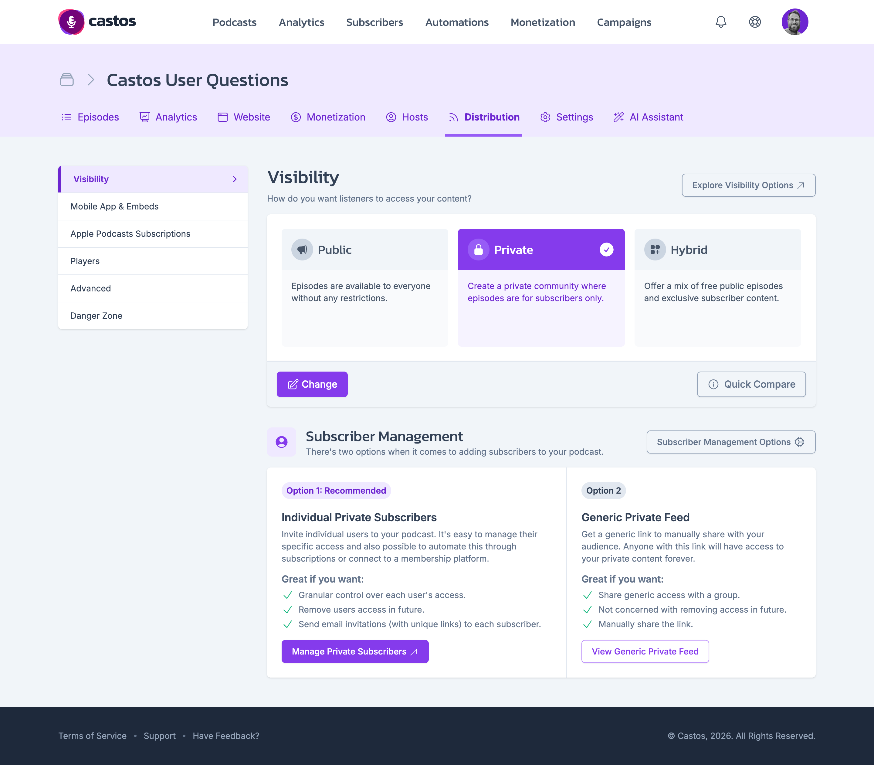 Castos private podcasting visibility settings