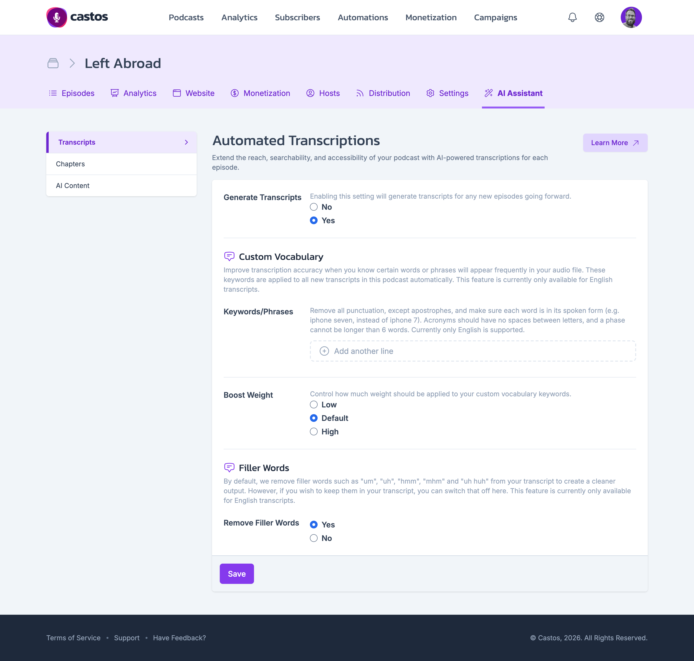Automatic podcast transcripts in the Castos dashboard