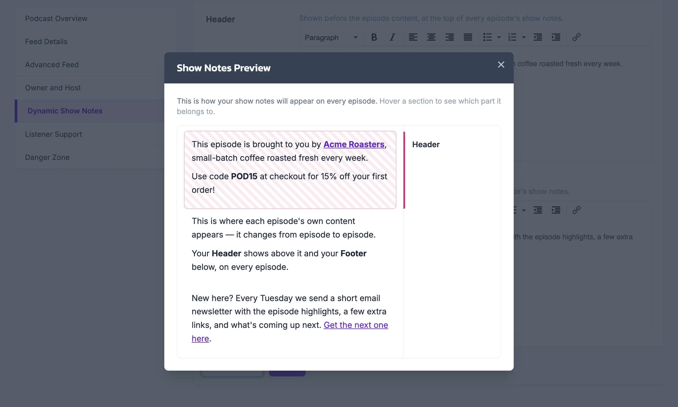 The Show Notes Preview modal, highlighting where the header appears in an episode's show notes