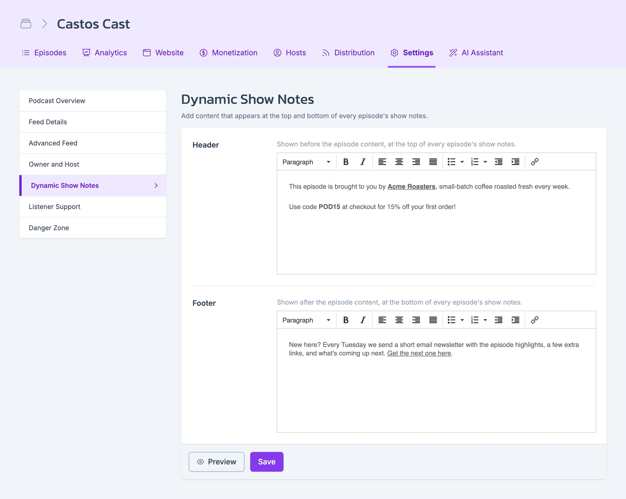 The Dynamic Show Notes settings screen in the Castos dashboard, with header and footer text filled in