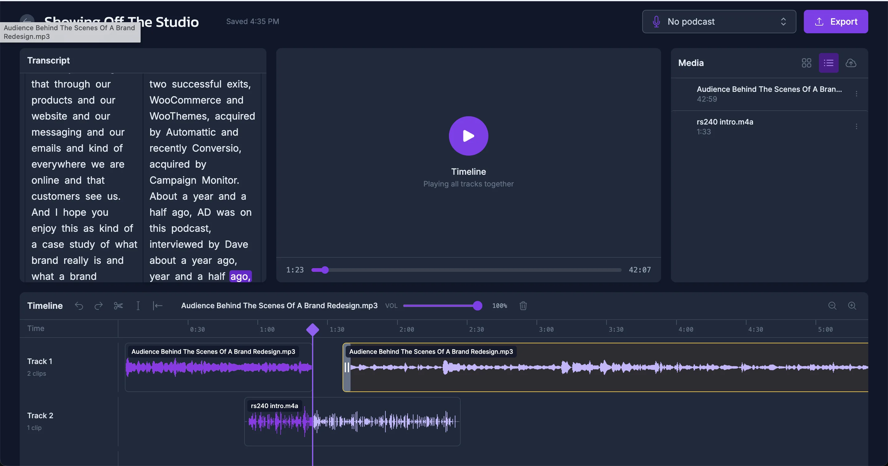 The Castos Studio timeline editor showing participant tracks and a transcript panel