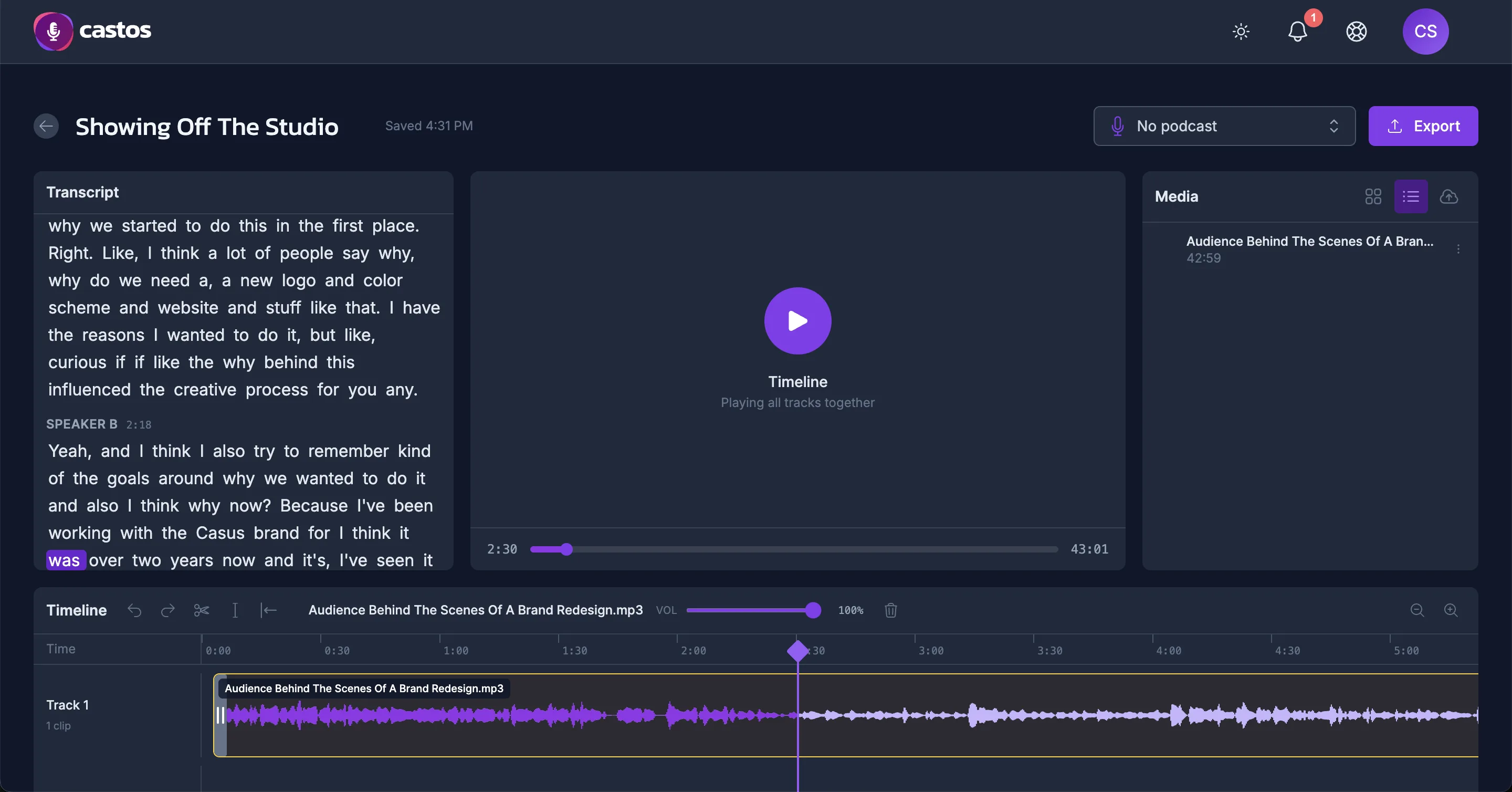 The Castos Studio editor with a multi-track timeline and transcript panel