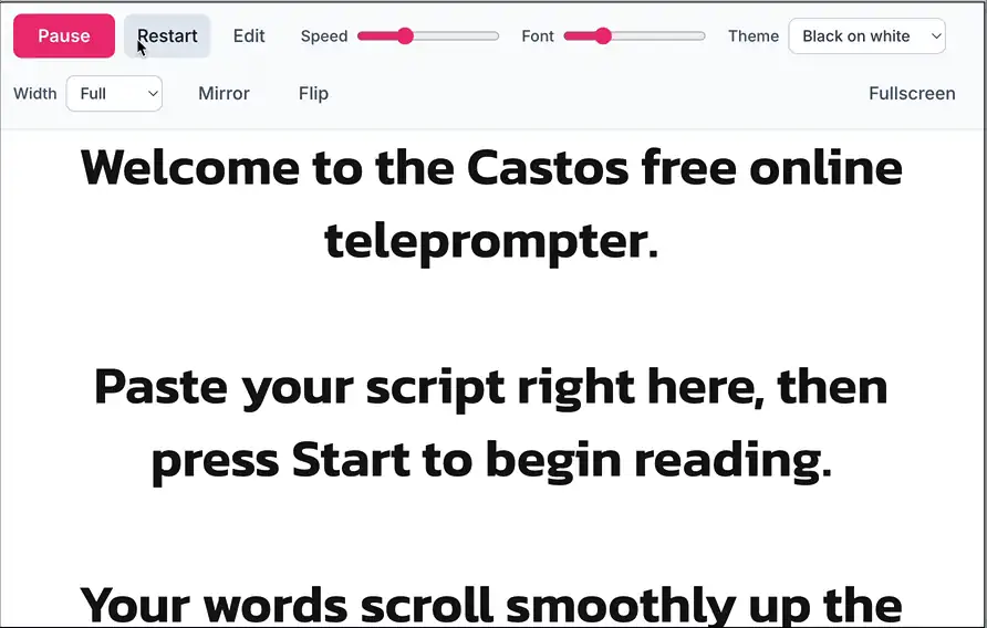 Animated demo of the Castos online teleprompter scrolling a script while the controls adjust speed, font, and theme