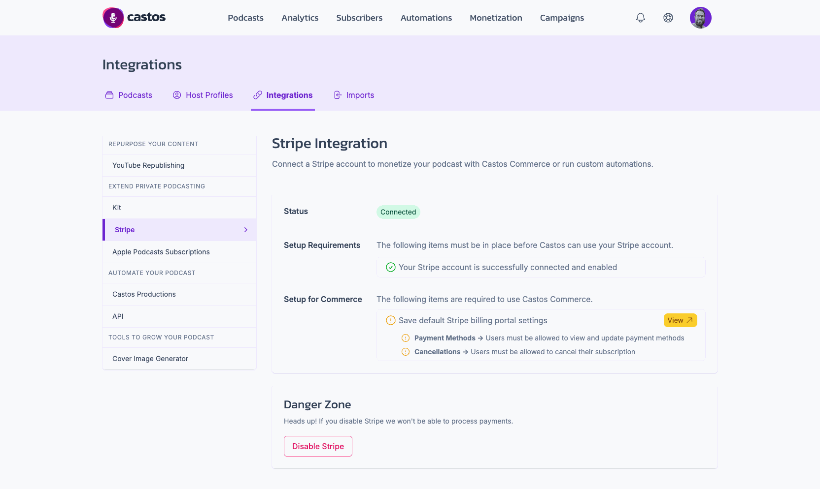 Castos connected to Stripe for paid podcast subscriptions