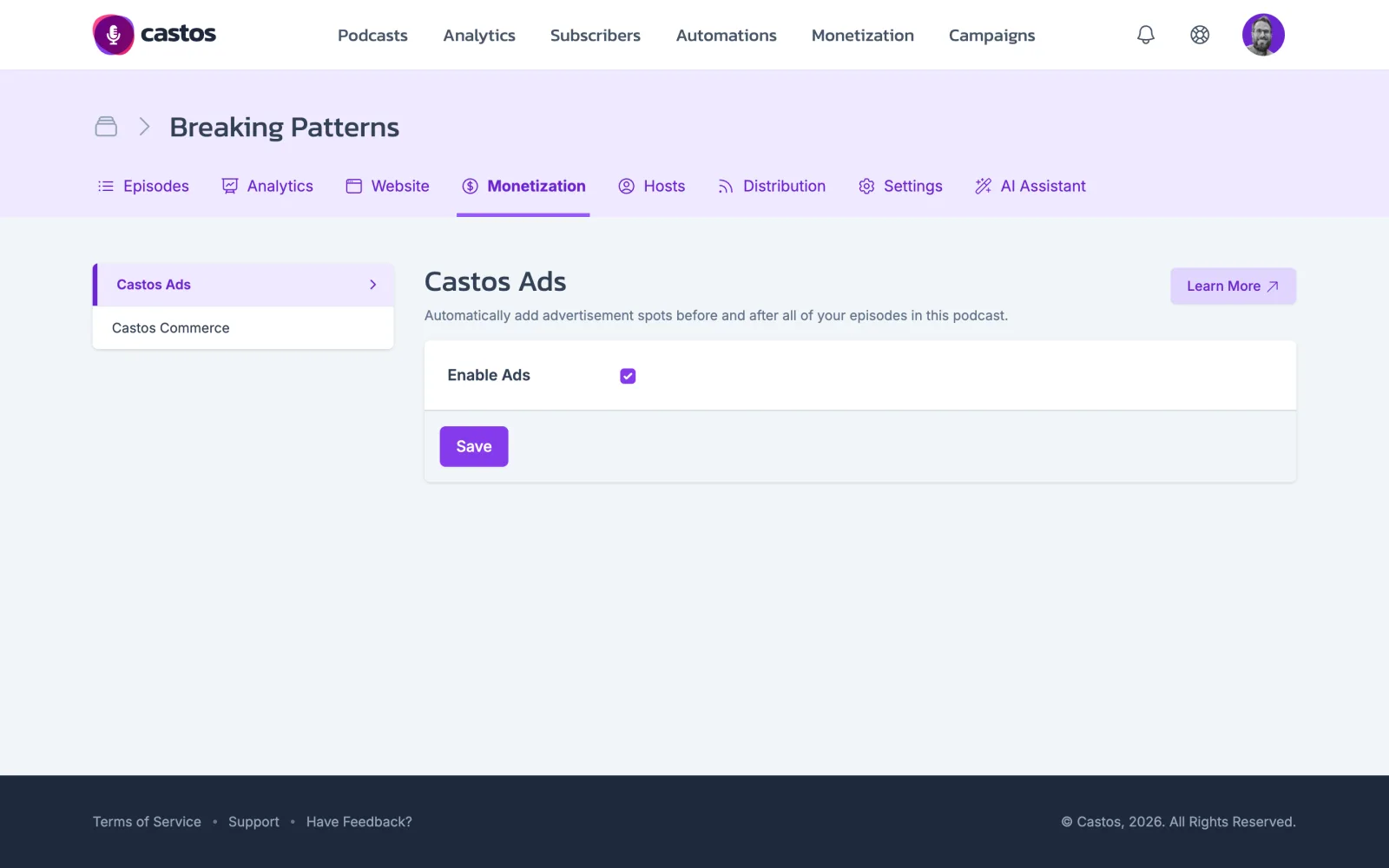 Castos Ads settings for a podcast with the Enable Ads checkbox turned on