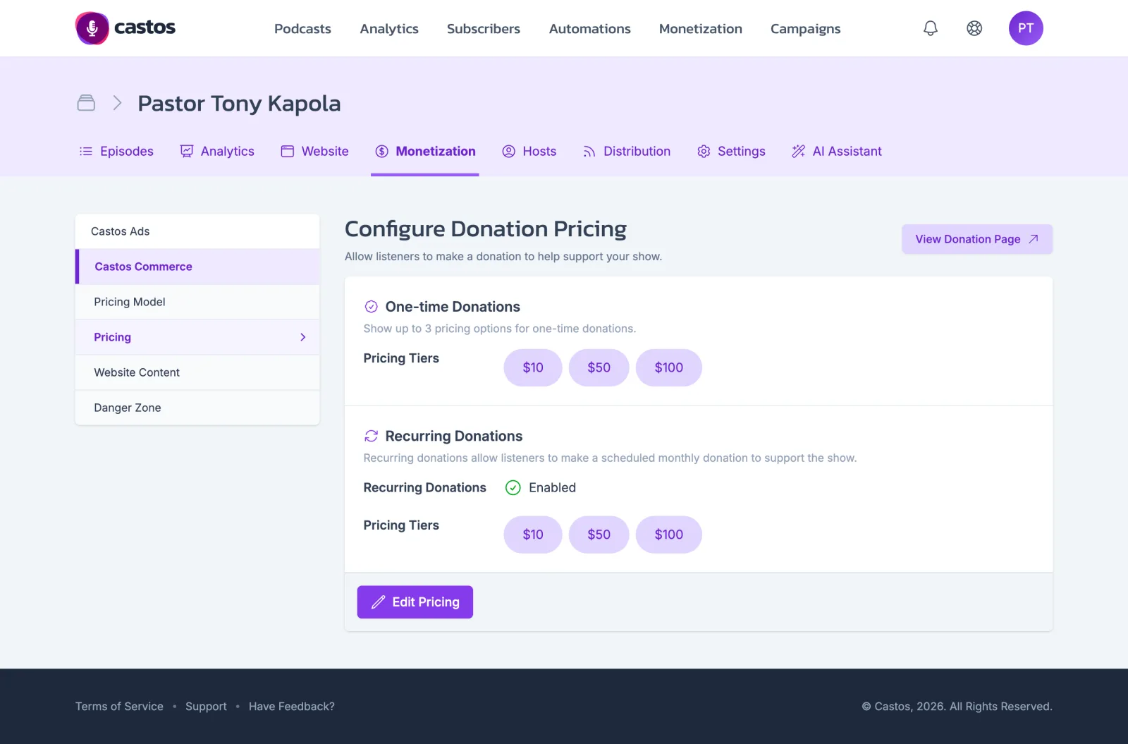 Castos Commerce donation pricing settings with three suggested amounts for one-time donations and three for recurring donations