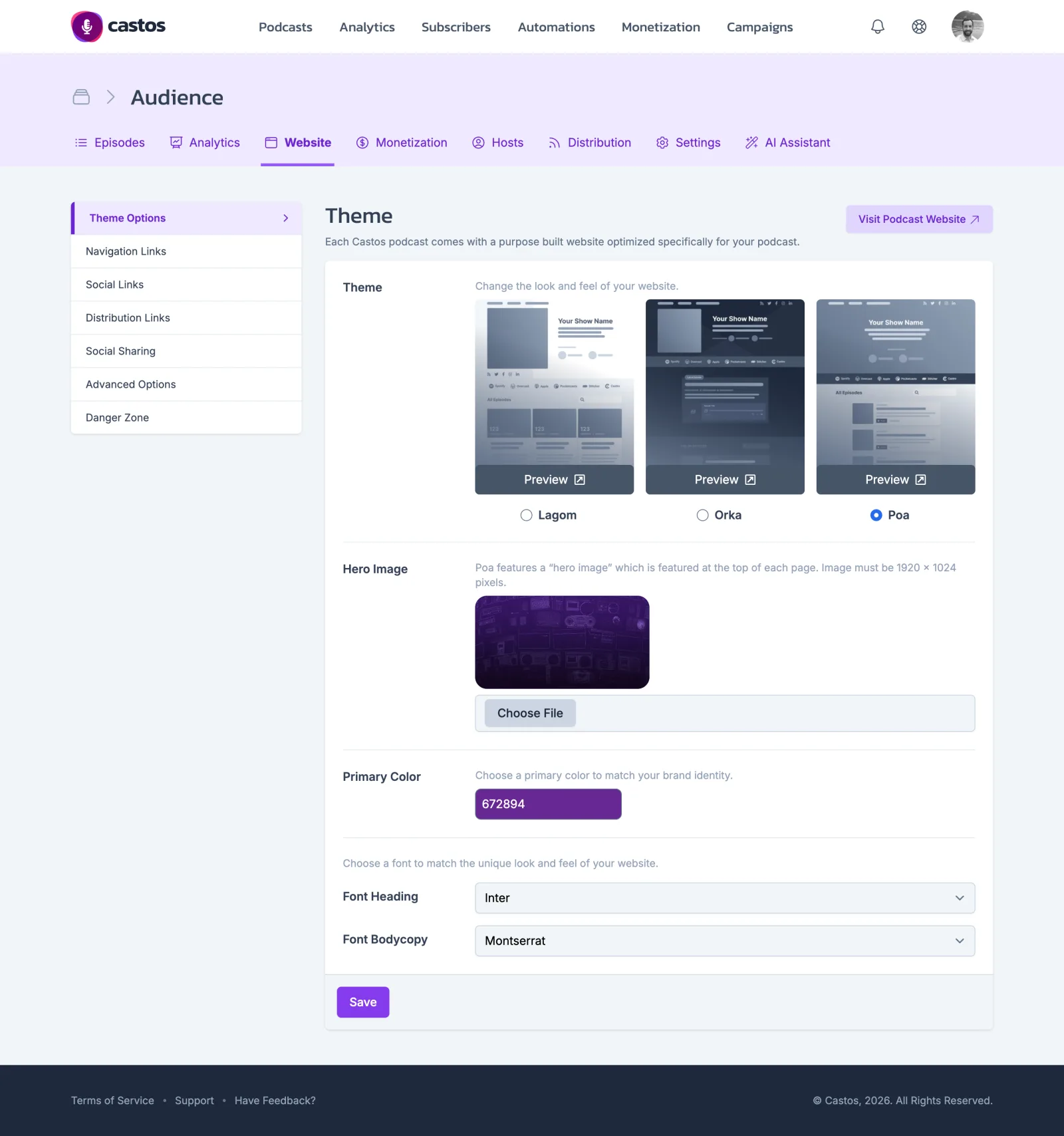 Castos website theme settings showing the Lagom, Orka, and Poa themes, with hero image, primary color, and font options