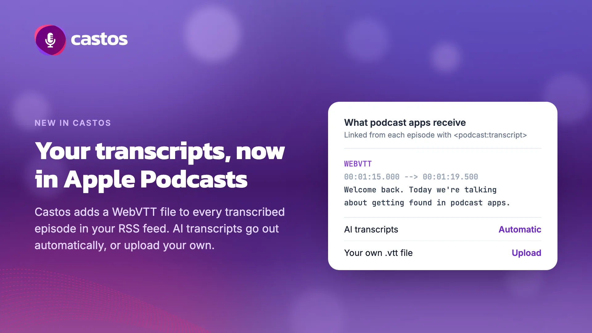 Your transcripts, now in Apple Podcasts: a sample WebVTT file, delivered automatically for AI transcripts or uploaded by you